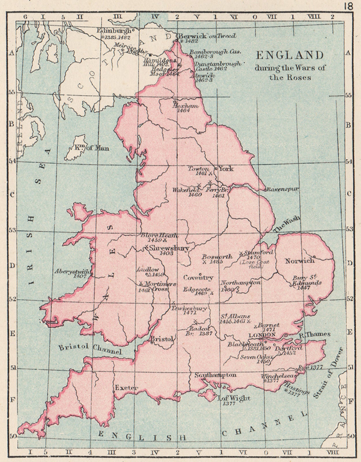 WARS OF THE ROSES. England & Wales. Battles/raids & dates. SMALL 1907 old map